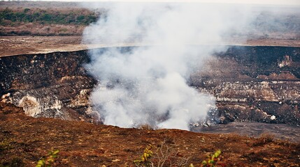 fumarole. Volcanic crater emitting white smoke against a rocky landscape. ESG reports, sustainability campaigns, designed for environmental awareness campaigns, used by sports marketers.