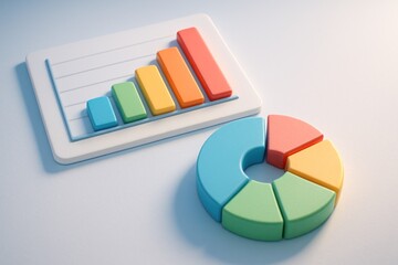 Stylized 3D bar graph and segmented pie chart display data analytics vibrantly