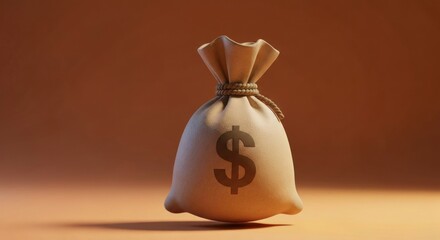 Stylized beige money bag with a large dollar sign tied against a warm brown backdrop