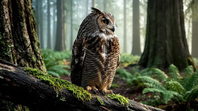 Close up shot emphasizing the intricate feather patterns and piercing, golden eyes of a wild owl, capturing its intense gaze and the subtle movements of its head as it observes its surroundings.
