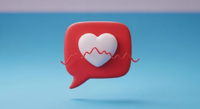 Stylized 3D red chat bubble with white heart and wavy line on a vibrant blue background