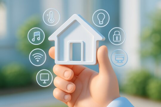 Stylized hand holds a house icon, surrounded by holographic smart home control symbols