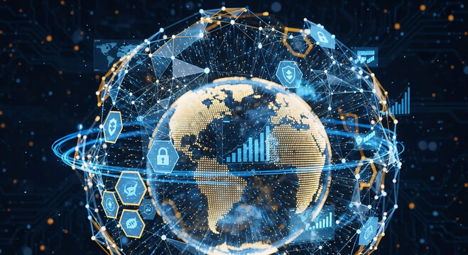 Global digital network connection with data security icons and financial graphs, futuristic technology concept.