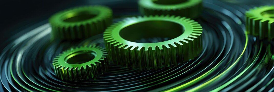 Close-up of three metallic green gears resting on concentric dark rings, suggesting intricate mechanics and precise engineering
