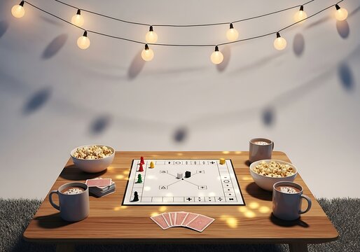 A cozy game night with a board game, popcorn, and hot drinks under warm string lights.