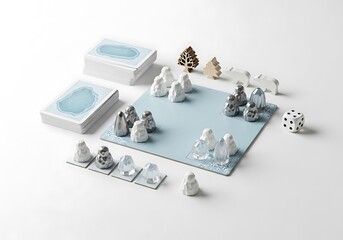 A minimalist, arctic-themed tabletop board game with unique ceramic pawns, cards, and a die set on a white background.
