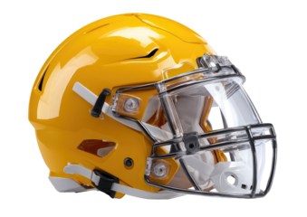 Glossy gold football helmet with clear visor, angled view