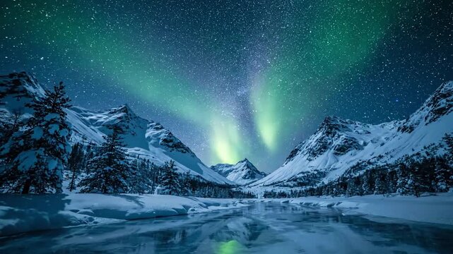 Vibrant ribbons of green and purple aurora borealis dancing across a clear, star filled night sky above a pristine, snow covered arctic landscape. Wide angle, slow pan