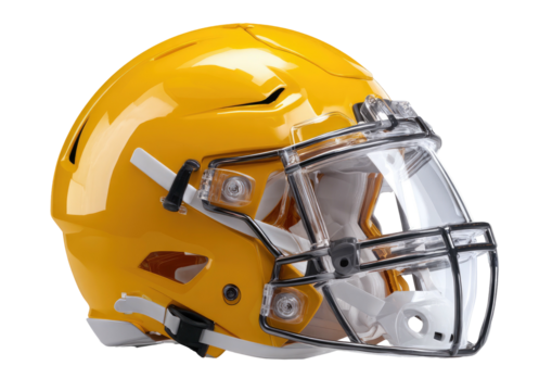 Glossy gold football helmet with clear visor, angled view