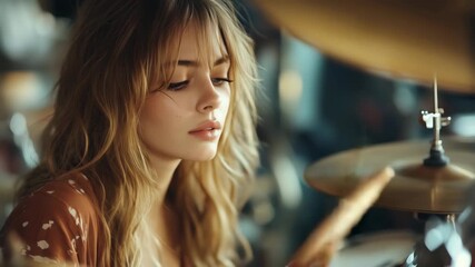 A talented young woman immerses herself in drumming, skillfully creating rhythms in a vibrant music studio. The energy fills the air as she expresses her creativity.