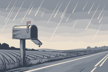Rainy Countryside Mailbox Scene | Quiet Road & Soft Storm Landscape Art