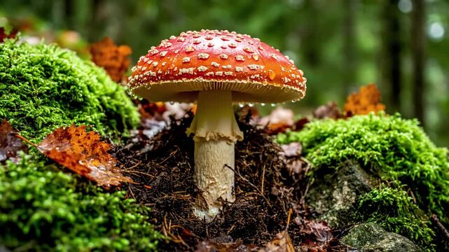 Detailed macro perspective of vibrant fungi emerging from a damp forest floor, highlighting intricate cap textures and delicate gill structures. Close up on the natural patterns and colors of a?