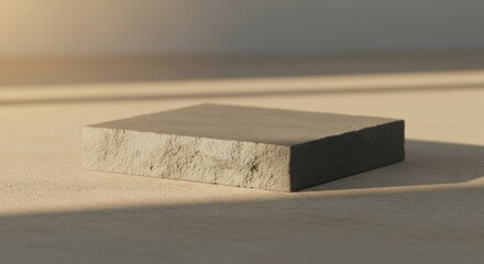 Textured gray rectangular stone block lit by natural light casting soft shadows on a surface