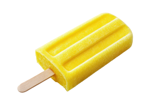 Yellow popsicle on stick, ribbed texture, on black background