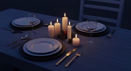 Three elegant place settings on a candlelit dinner table, casting a warm glow
