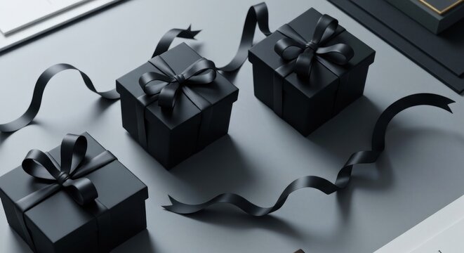 Three elegant black gift boxes with black ribbons on a minimalist grey surface