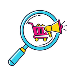 Marketing Analysis Magnifying Glass, Shopping Cart, and Megaphone