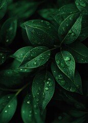 Fototapeta premium Lush, dark green foliage densely packed with leaves, glistening with numerous water droplets after a rain shower; close-up view emphasizes texture and saturation