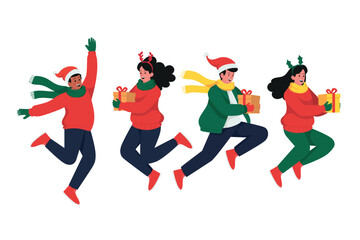 Joyful people celebrating Christmas with gifts across a lively holiday set, showcasing diverse poses and warm, cheerful moments in a clean, cute style perfect for seasonal use.more.