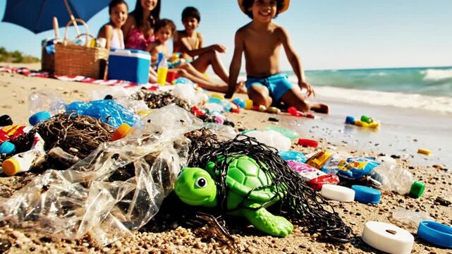 Ocean waves washing plastic debris onto a pristine beach where families picnic, a child's toy turtle entangled, urging viewer reflection on marine pollution.