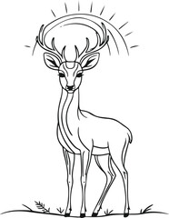 Single line art of a deer standing beneath a rising sun — concept of new beginnings and calm
