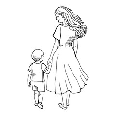A graceful line drawing of a mother walking hand in hand with her child. The flowing dress and gentle motion convey harmony, trust, and connection, perfect for family, motherhood, and holiday