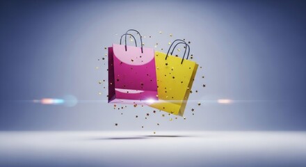 Two colorful gift bags float mid-air surrounded by gold confetti, celebratory mood