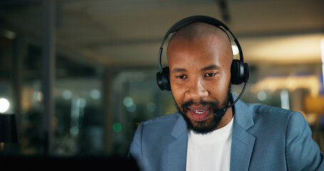 Call center, agent and business black man in office for security, emergency hotline and night. Virtual advisor, dispatch operator and alarm verification specialist with person and overtime consultant