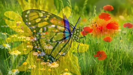Macro view of a vibrant butterfly gently resting on a dew kissed flower petal, showcasing intricate wing patterns and delicate antennae under soft morning light.
