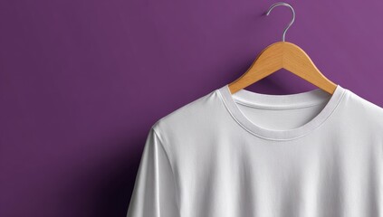 Plain white t-shirt hangs on a wooden hanger against a deep purple wall, showcasing its simple, clean design and soft texture