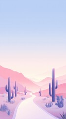 Pastel-hued desert landscape featuring a winding road flanked by cacti and low-lying vegetation against a soft pink and purple sky at sunrise or sunset.  The style is minimalist and digitally rendered