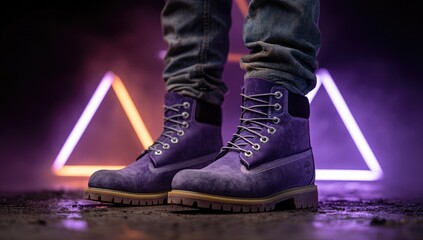 Purple suede boots with light-grey laces, worn by a person in faded denim jeans, posed against a dark background with illuminated geometric shapes