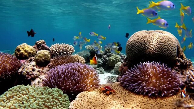 The serene dance of tropical fish navigating through sun dappled waters, highlighting their intricate patterns and the delicate balance of their habitat.