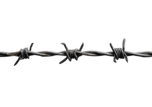 Barbed wire strand against black. Sharp. Raw. Dangerous