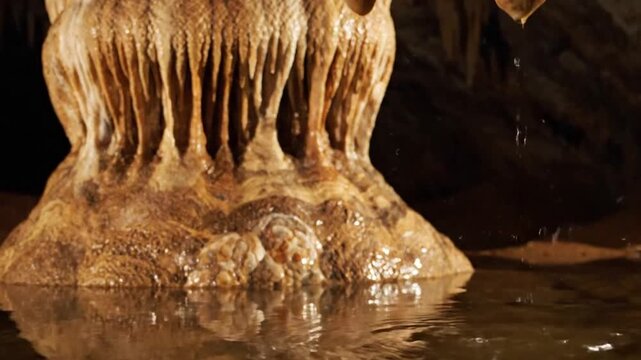 The intricate geological process of mineral deposition, showcasing the slow, consistent growth of a stalagmite over millennia within a cave. Geological formation