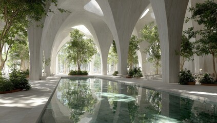 Serene indoor pool area with high, arched ceilings, abundant greenery in planters, and natural light filtering through, creating a tranquil atmosphere