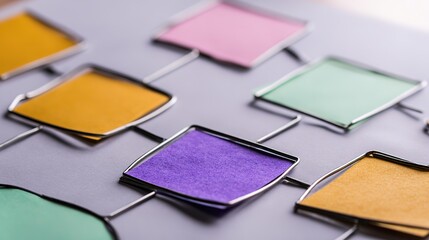 Colorful square panels, linked by metal frames, on a gray background, close - up, copy space.