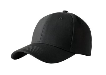 Plain black baseball cap angled on dark background, simple design