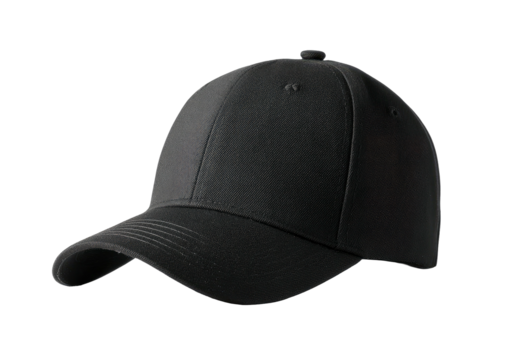 Plain black baseball cap angled on dark background, simple design