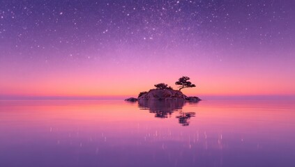 Serene twilight scene a small island with two trees sits in a calm body of water reflecting a vibrant sunset and a purple star-filled sky