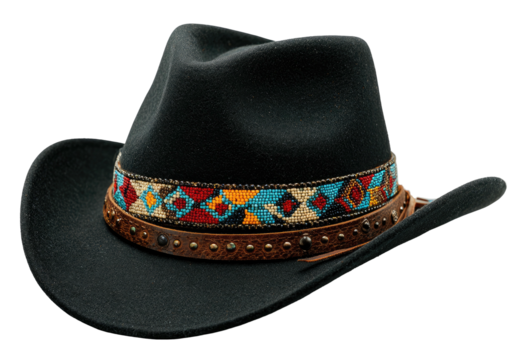 Black cowboy hat w/ ornate band and curved brim
