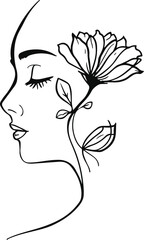 Single-stroke human face profile morphing into a blooming flower stem, symbolizing harmony between humanity and nature 2