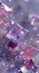 Shimmering purple resin cubes with embedded stars and glitter, suspended in a translucent, iridescent liquid