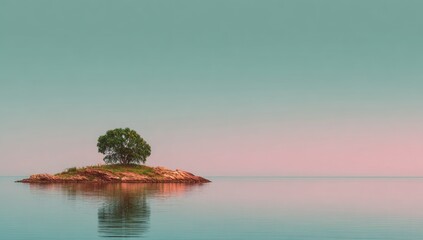 Solitary tree on a small, rocky island in calm water at dawn, reflected in the still surface, pastel sky