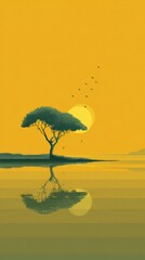 Solitary tree silhouetted against a vibrant yellow sunset reflected in calm water, a flock of birds in flight overhead