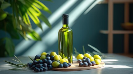 Vibrant green olive oil bottle surrounded by fresh black and green olives, soft light