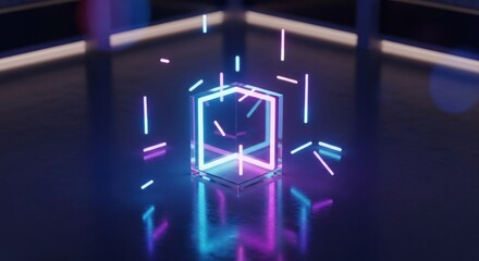 Vibrant neon blue and pink cube radiating light on a dark, reflective floor
