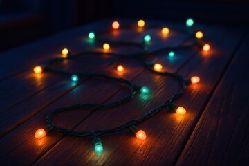 Vibrant orange, teal, yellow string lights glow softly on a dark wood surface