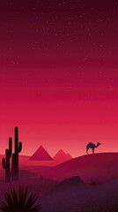 Stylized desert landscape at dusk, featuring a camel, pyramids, cacti, and a crimson sky speckled with stars. Minimalist, geometric design