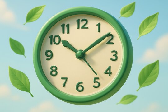 Vibrant green clock and fresh leaves floating in a bright blue sky environment